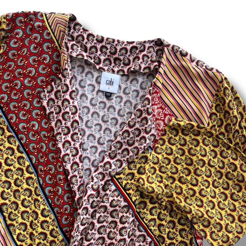 Cabi S Red Yellow Floral Mixed Print, Patchwork Poet Jacket Duster Cardigan 5664
